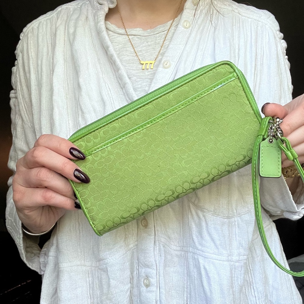 Coach Long Zip Green Monogram Wallet Wristlet